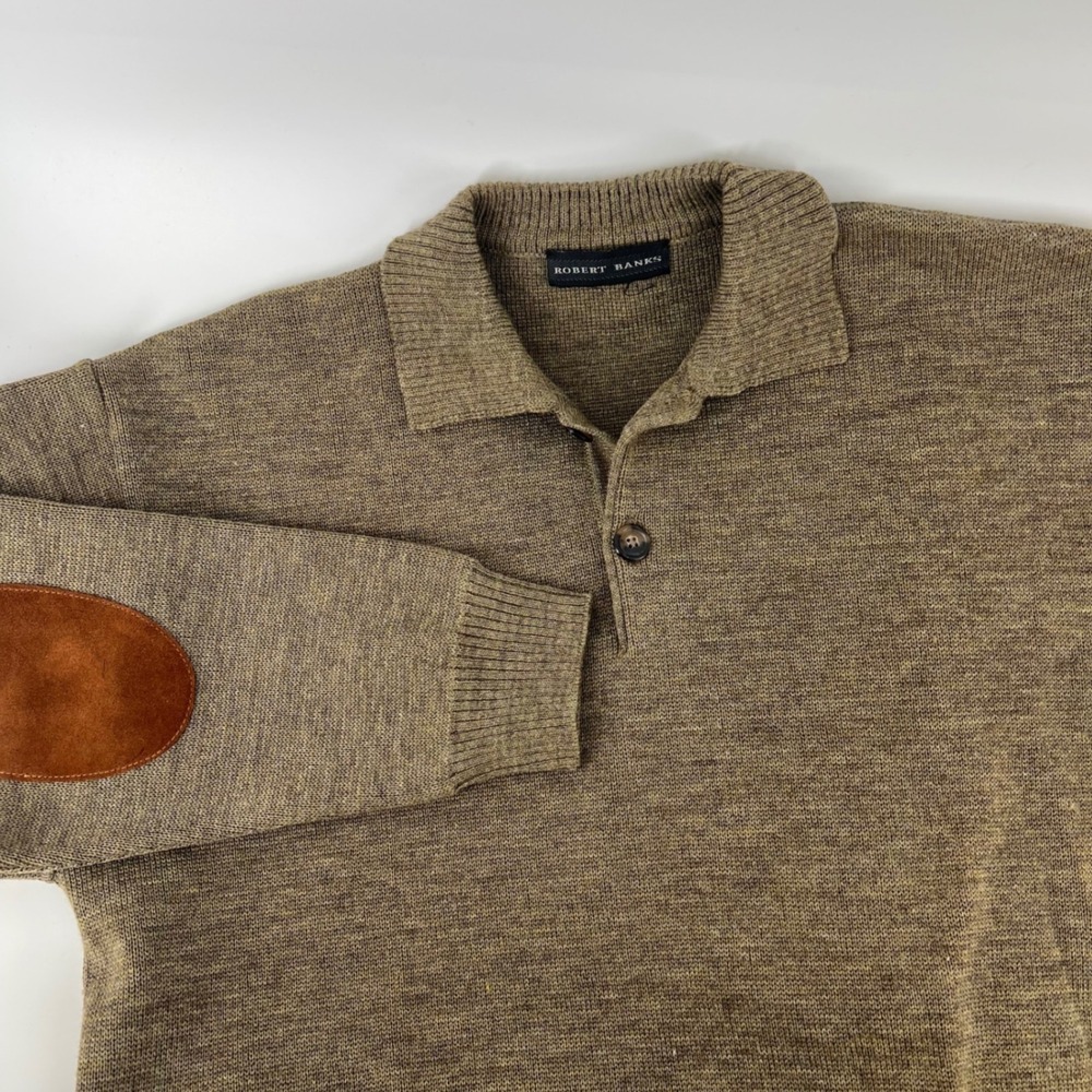 Robert Banks Mens Wool Polo Sweater XL Brown Suede Elbow Patches Long Sleeve